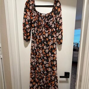 Floral Scoop-Neck Maxi Dress in Black and Orange